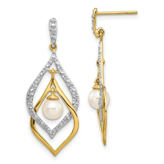 FB Jewels 14K Yellow Gold 5-6mm White Round FW Cultured Pearl .02ct Diamond Dangle Earrings