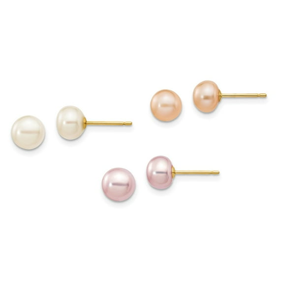 FB Jewels 14K Yellow Gold 6-7mm Button Freshwater Cultured Pearl Boxed 3 pair Post Earrings Set
