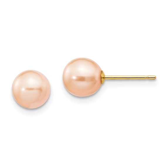 FB Jewels 14K Yellow Gold 6-7mm Pink Round Freshwater Cultured Pearl Stud Post Earrings