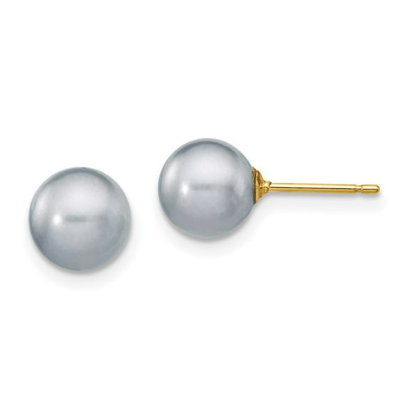 FB Jewels 14K Yellow Gold 7-8mm Grey Round Freshwater Cultured Pearl Stud Post Earrings