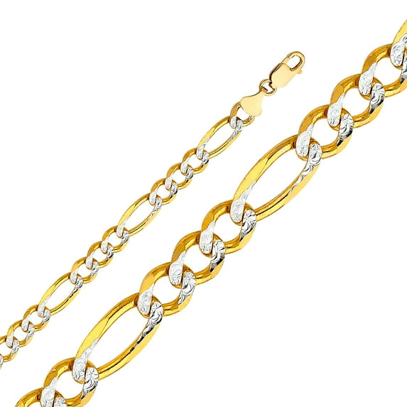 FB Jewels 14K Yellow Gold 8.6MM Figaro White Pave Chain Necklace With Lobster Claw Clasp - 8.5 Inches