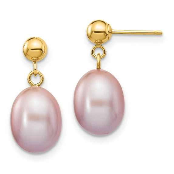 FB Jewels 14K Yellow Gold 8-9mm Purple Rice Freshwater Cultured Pearl Dangle Post Earrings
