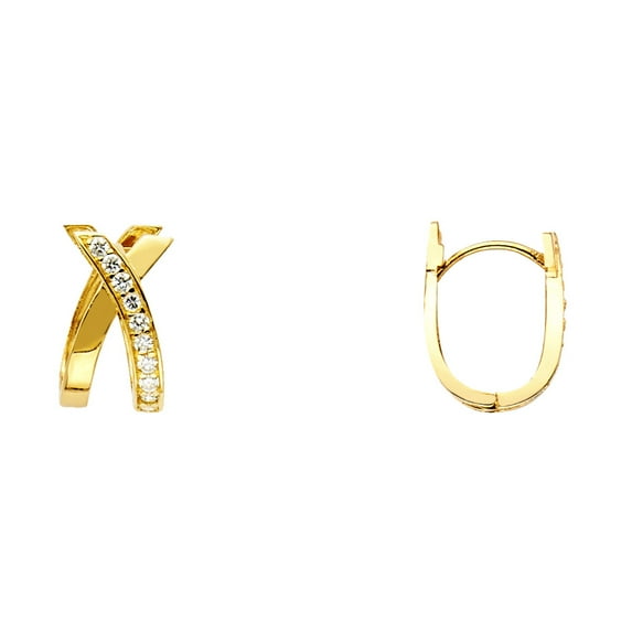 FB Jewels 14K Yellow Gold Crossover Design Round Cubic Zirconia CZ U Shaped Huggie Hoop Womens Earrings 15MM X 8MM