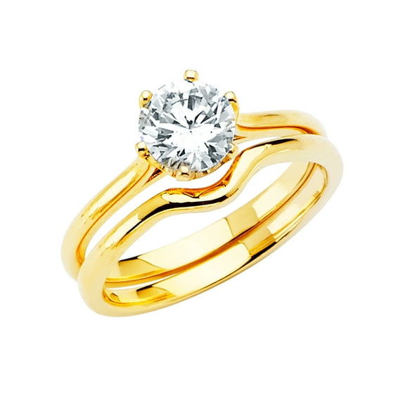 FB Jewels 14K Yellow Gold Cubic Zirconia CZ Wedding Band and Engagement Bridal Ring Two Piece Set Size 10.5