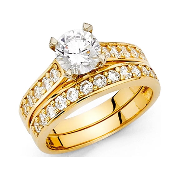 FB Jewels 14K Yellow Gold Cubic Zirconia CZ Wedding Band and Engagement Bridal Ring Two Piece Set Size 11