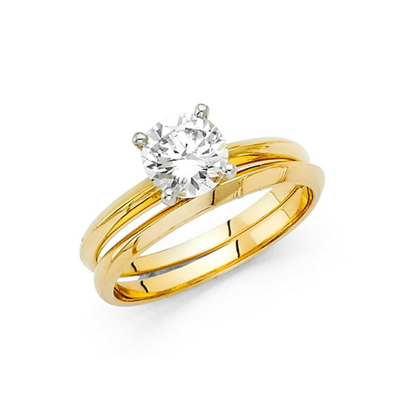 FB Jewels 14K Yellow Gold Cubic Zirconia CZ Wedding Band and Engagement Bridal Ring Two Piece Set Size 6.5