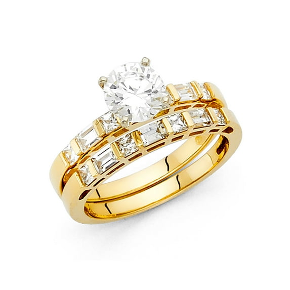 FB Jewels 14K Yellow Gold Cubic Zirconia CZ Wedding Band and Engagement Bridal Ring Two Piece Set Size 7