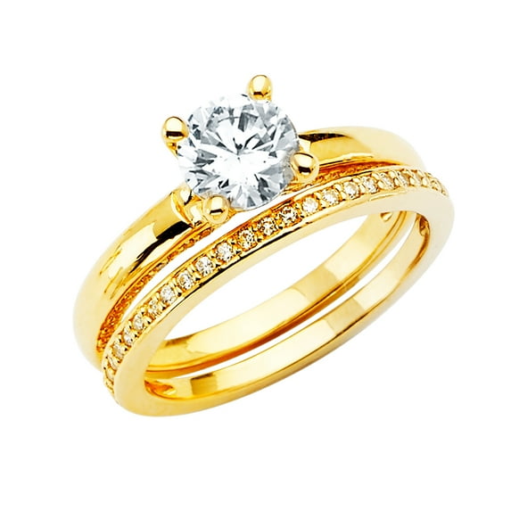 FB Jewels 14K Yellow Gold Cubic Zirconia CZ Wedding Band and Engagement Bridal Ring Two Piece Set Size 8.5