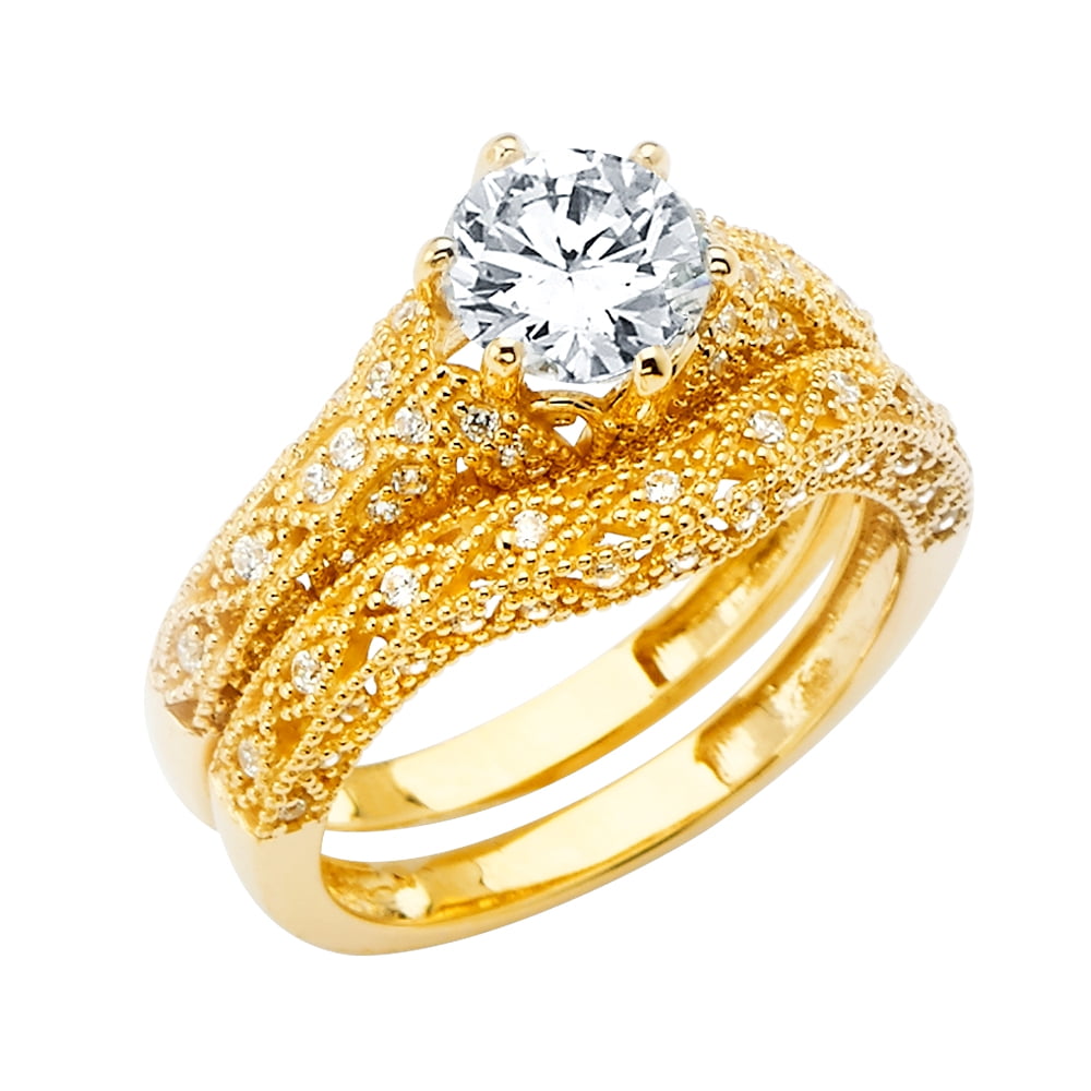 FB Jewels 14K Yellow Gold Cubic Zirconia CZ Wedding Band and Engagement ...