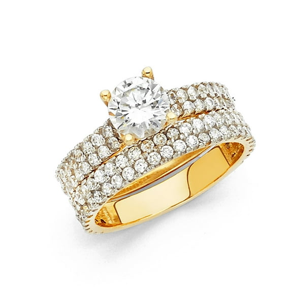 FB Jewels 14K Yellow Gold Cubic Zirconia CZ Wedding Band and Engagement Bridal Ring Two Piece Set Size 9.5