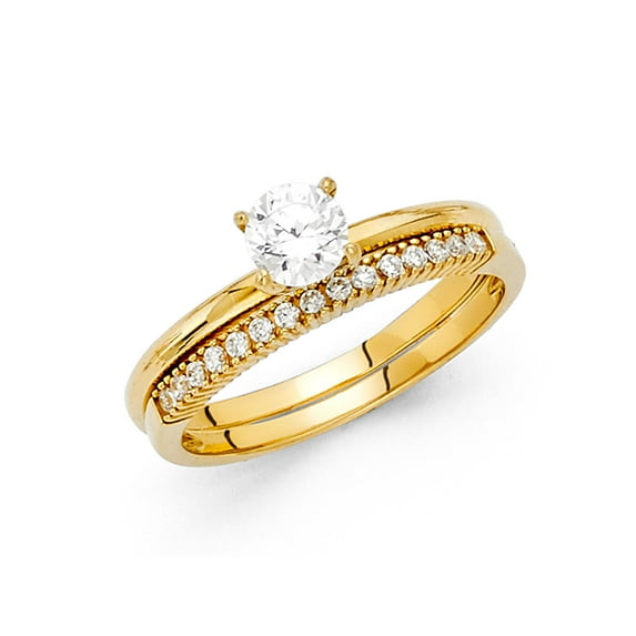 FB Jewels 14K Yellow Gold Cubic Zirconia CZ Wedding Band and Engagement Bridal Ring Two Piece Set Size 9.5