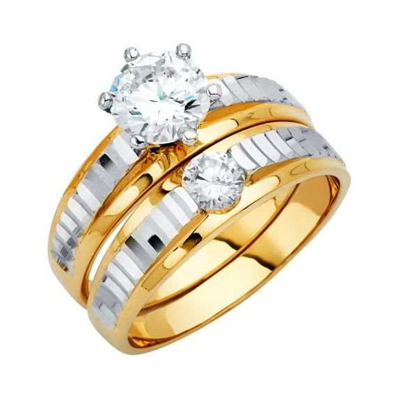 FB Jewels 14K Yellow Gold Cubic Zirconia CZ Wedding Band and Engagement Bridal Ring Two Piece Set / Trio Set Size 6.5