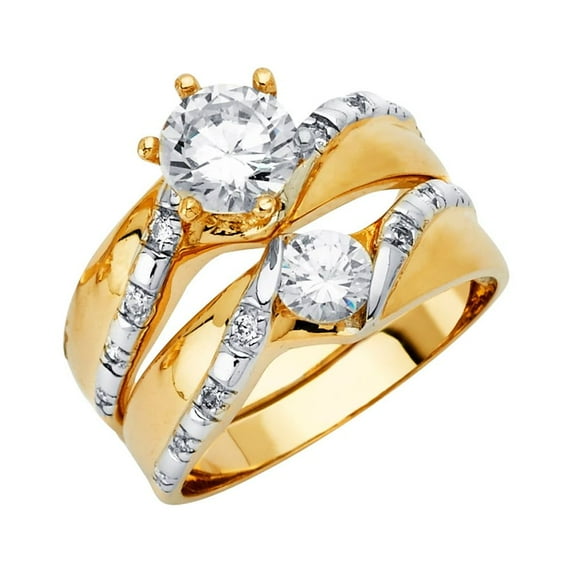 FB Jewels 14K Yellow Gold Cubic Zirconia CZ Wedding Band and Engagement Bridal Ring Two Piece Set / Trio Set Size 9