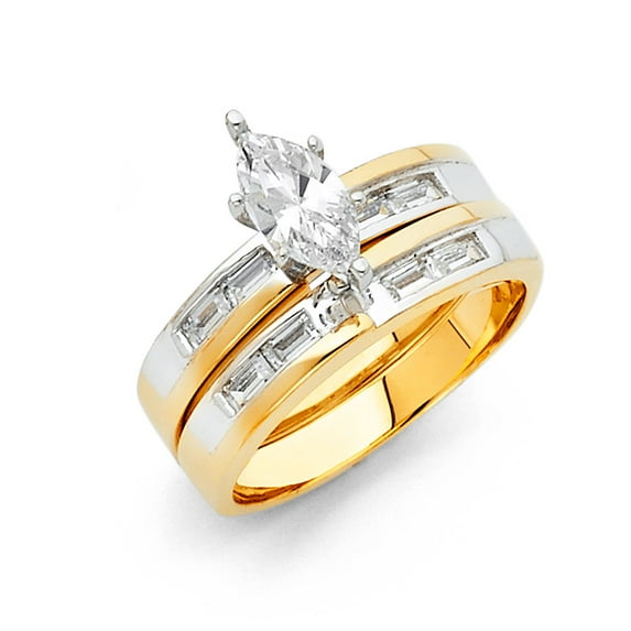 FB Jewels 14K Yellow Gold Marquise Shaped Cubic Zirconia CZ Wedding Band and Engagement Bridal Ring Two Piece Set Size 6.5