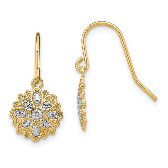 FB Jewels 14K Yellow Gold Mini Flower with Filigree and White Diamond-cut Petals Wire Earrings