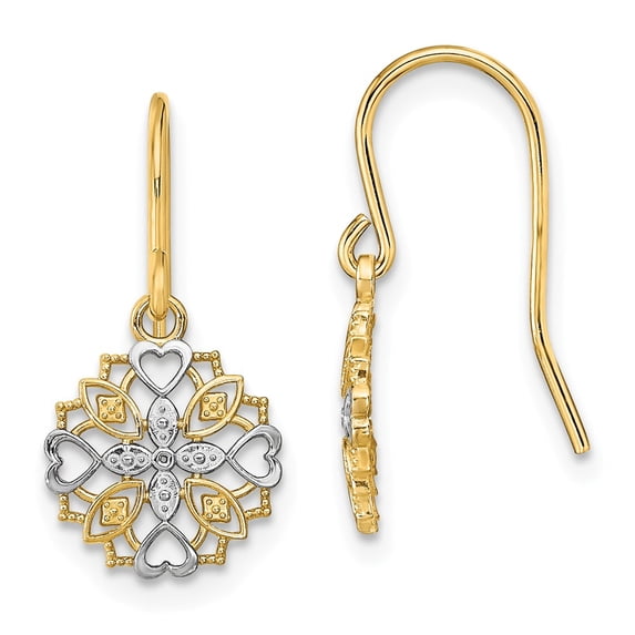 FB Jewels 14K Yellow Gold Mini White Center Flower with Cut Out Heart Wire Earrings