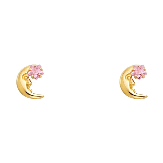 FB Jewels 14K Yellow Gold Moon W/Pink Star Cubic Zirconia CZ Womens Stud Earrings