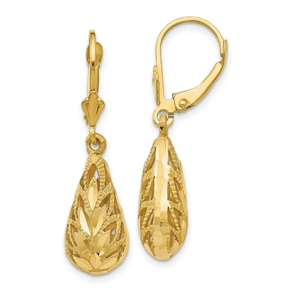 FB Jewels 14K Yellow Gold Polished & Diamond-Cut Dangle Leverback Earrings