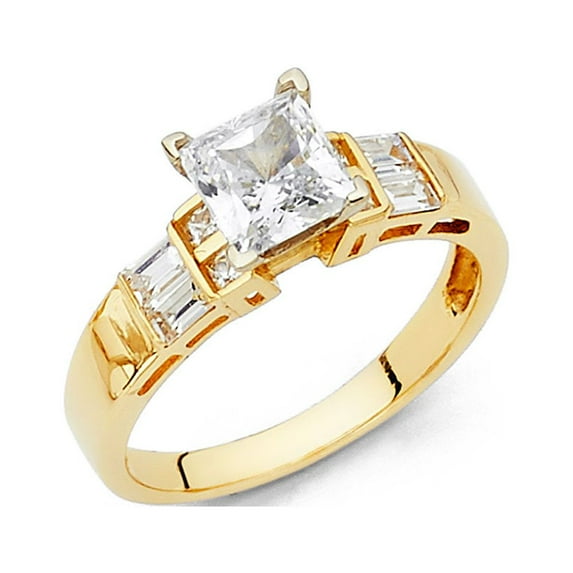 FB Jewels 14K Yellow Gold Princess Cut Square Shaped Cubic Zirconia CZ Engagement Ring W/PR Ba Side Stones Size 5.5
