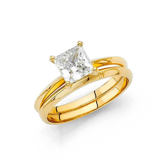 FB Jewels 14K Yellow Gold Princess Cut Square Shaped Cubic Zirconia CZ Wedding Band and Engagement Bridal Ring Two Piece Set Size 7