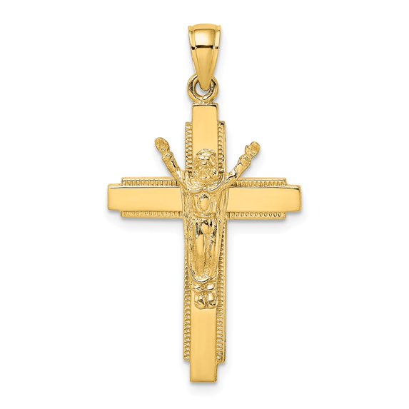FB Jewels 14K Yellow Gold Risen Christ Crucifix High Polish Beaded Edge Pendant