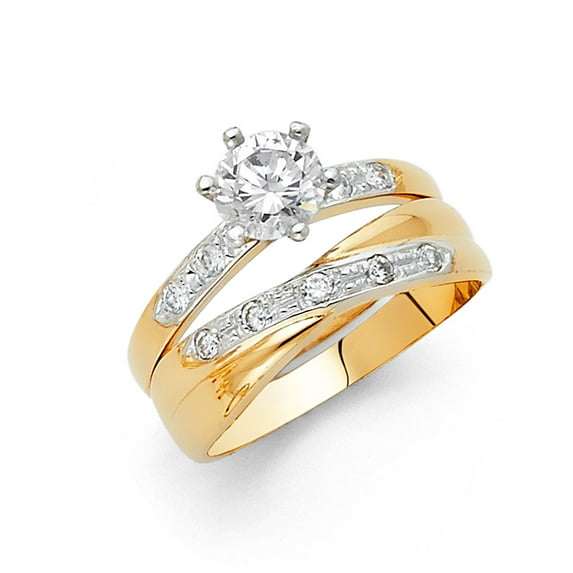 FB Jewels 14K Yellow Gold Round Cubic Zirconia CZ Wedding Band and Engagement Bridal Ring Two Piece Set Size 6.5