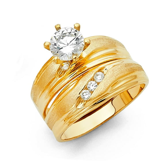 FB Jewels 14K Yellow Gold Round Cubic Zirconia CZ Wedding Band and Engagement Bridal Ring Two Piece Set Size 6