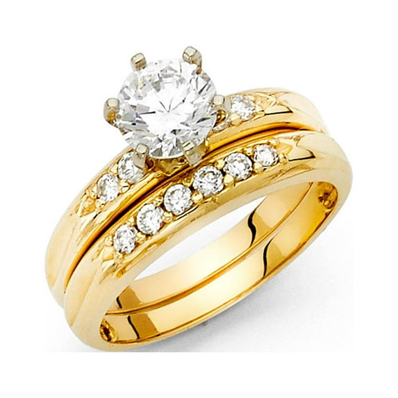 FB Jewels 14K Yellow Gold Round Cubic Zirconia CZ Wedding Band and Engagement Bridal Ring Two Piece Set Size 7