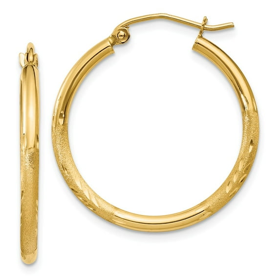 FB Jewels 14K Yellow Gold Satin & Diamond-cut 2mm Round Tube Hoop Earrings