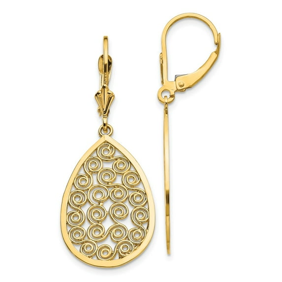 FB Jewels 14K Yellow Gold Teardrop Filigree Dangle Leverback Earrings