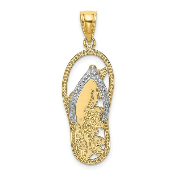 FB Jewels 14K Yellow Gold with Rhodium Dolphin Flip-Flop with White Straps Cut out Pendant