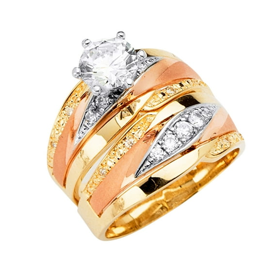 FB Jewels 14K Yellow White and Rose Gold Cubic Zirconia CZ Wedding Band and Engagement Bridal Ring Two Piece Set / Trio Set Size 10