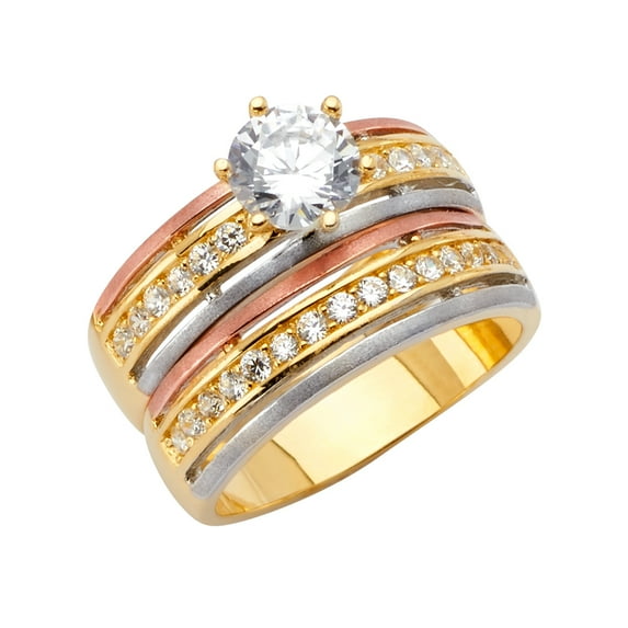 FB Jewels 14K Yellow White and Rose Gold Cubic Zirconia CZ Wedding Band and Engagement Bridal Ring Two Piece Set / Trio Set Size 11