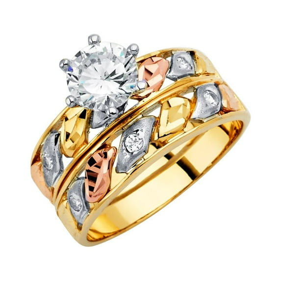 FB Jewels 14K Yellow White and Rose Gold Cubic Zirconia CZ Wedding Band and Engagement Bridal Ring Two Piece Set / Trio Set Size 11