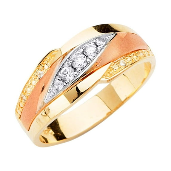 FB Jewels 14K Yellow White and Rose Gold Ring Mens Cubic Zirconia CZ Anniversary Wedding Band / Trio Set Size 7