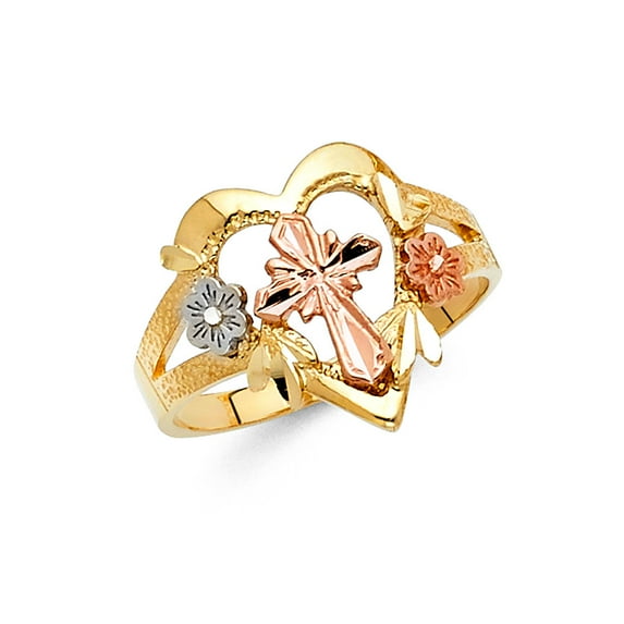 FB Jewels 14K Yellow White and Rose Three Color Gold Cross Ring Size 9.5