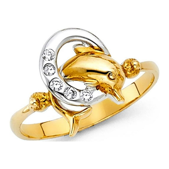 FB Jewels 14K Yellow White and Rose Three Color Gold Cubic Zirconia CZ Fashion Anniversary Dolphin Ring Size 9.5