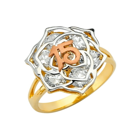 FB Jewels 14K Yellow White and Rose Three Color Gold Cubic Zirconia CZ Fifteen 15 Year Birthday Quincea–era Fashion Anniversary Ring Size 10.5