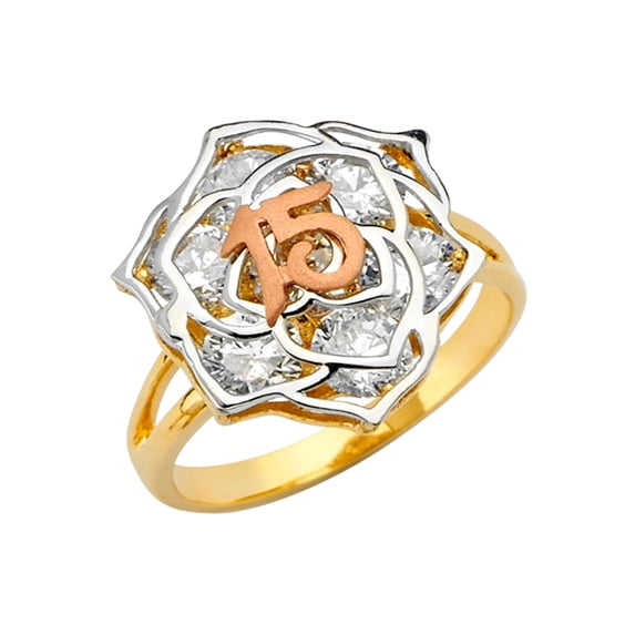 FB Jewels 14K Yellow White and Rose Three Color Gold Cubic Zirconia CZ Fifteen 15 Year Birthday Quincea–era Fashion Anniversary Ring Size 10