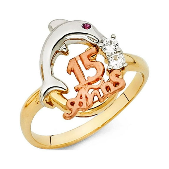 FB Jewels 14K Yellow White and Rose Three Color Gold Cubic Zirconia CZ Fifteen 15 Years Birthday Quincea–era Ring Size 10.5