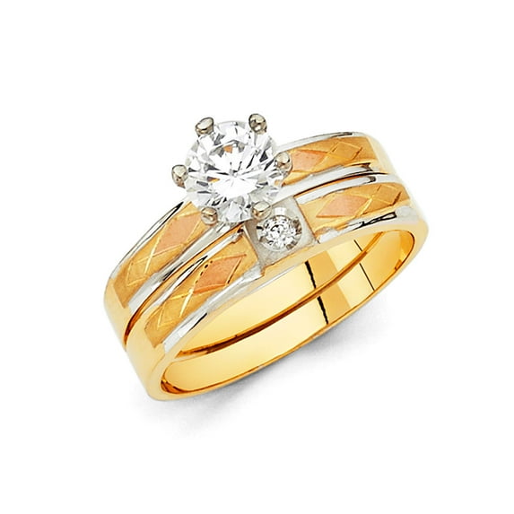 FB Jewels 14K Yellow White and Rose Three Color Gold Cubic Zirconia CZ Ladies Wedding Band And Engagement Bridal Ring Two Piece Set Size 11.5