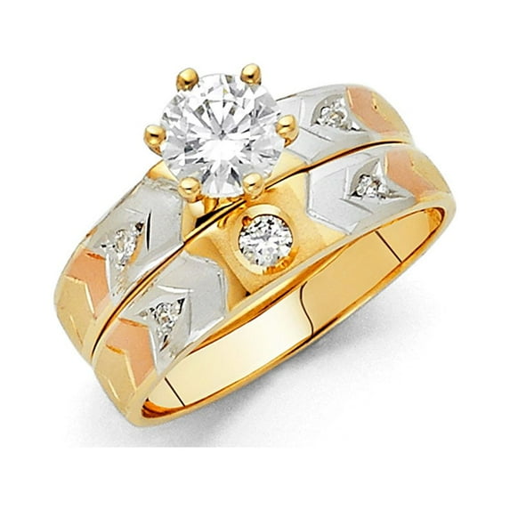 FB Jewels 14K Yellow White and Rose Three Color Gold Cubic Zirconia CZ Ladies Wedding Band And Engagement Bridal Ring Two Piece Set Size 5