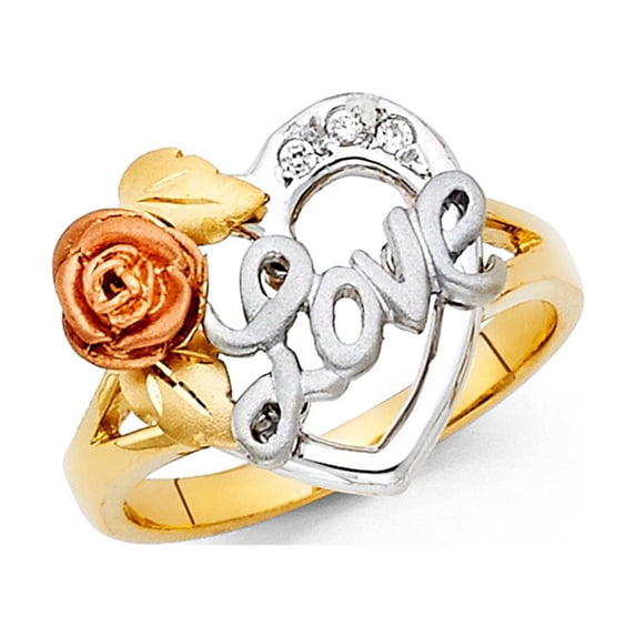 FB Jewels 14K Yellow White and Rose Three Color Gold Cubic Zirconia CZ Love Ring Size 9.5