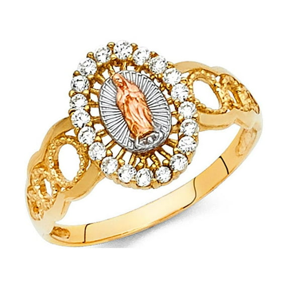 FB Jewels 14K Yellow White and Rose Three Color Gold Cubic Zirconia CZ Our Lady of Guadalupe Virgin Mary Ring Size 11