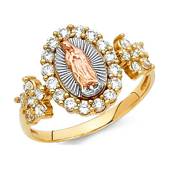 FB Jewels 14K Yellow White and Rose Three Color Gold Cubic Zirconia CZ Our Lady of Guadalupe Virgin Mary Ring Size 5