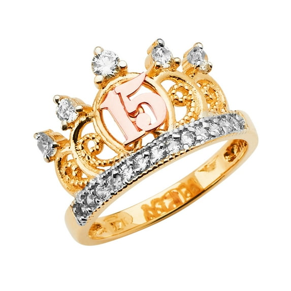 FB Jewels 14K Yellow White and Rose Three Color Gold Fifteen 15 Year Birthday Quincea–era Fashion Anniversary Cubic Zirconia CZ Crown Ring Size 6.5