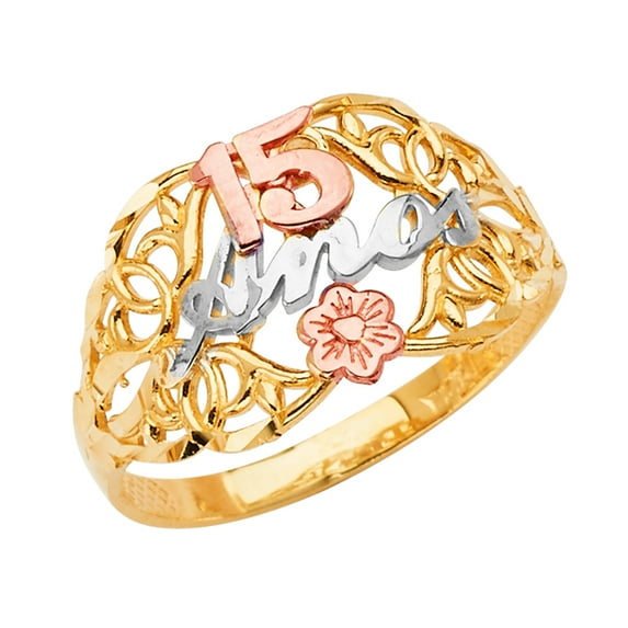 FB Jewels 14K Yellow White and Rose Three Color Gold Fifteen 15 Year Birthday Quincea–era Fashion Anniversary Ring Size 7