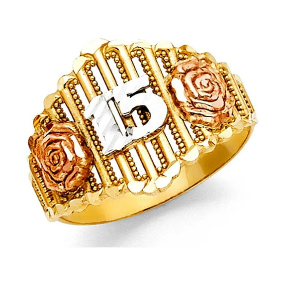 FB Jewels 14K Yellow White and Rose Three Color Gold Fifteen 15 Years Birthday Quincea–era Ring Size 10.5