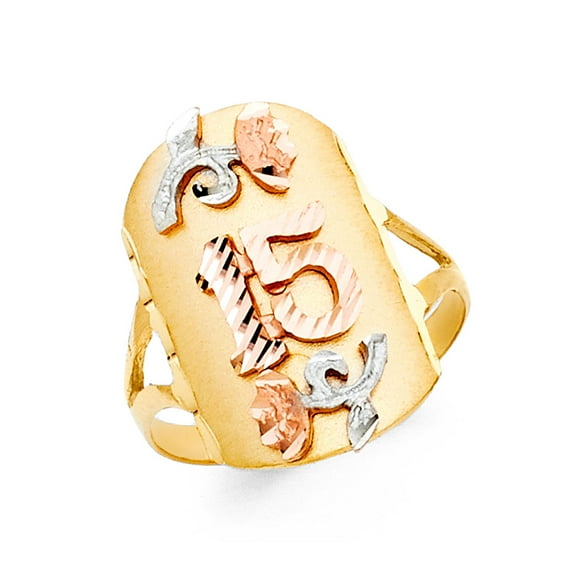 FB Jewels 14K Yellow White and Rose Three Color Gold Fifteen 15 Years Birthday Quincea–era Ring Size 7.5