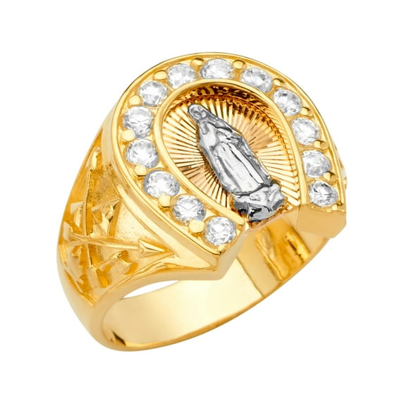 FB Jewels 14K Yellow White and Rose Three Color Gold Horse Shoe Mens Cubic Zirconia CZ Ring W/Our Lady of Guadalupe Virgin Mary Size 6